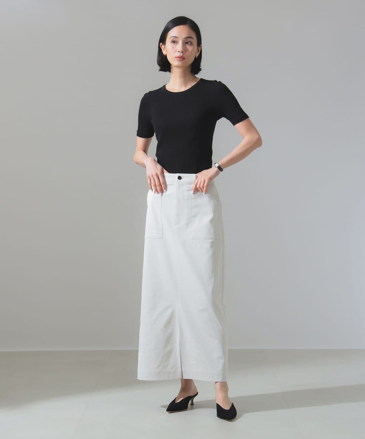 Demi-Luxe BEAMS シンプル タイト ニットスカート ホワイト 追加