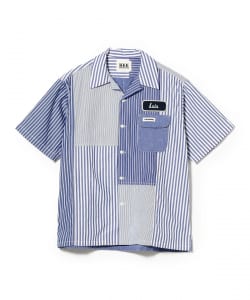 窪 浩志・真純@B印MARKET / H.R.REMAKE ストライプパッチ オープンカラーシャツ（Mサイズ）