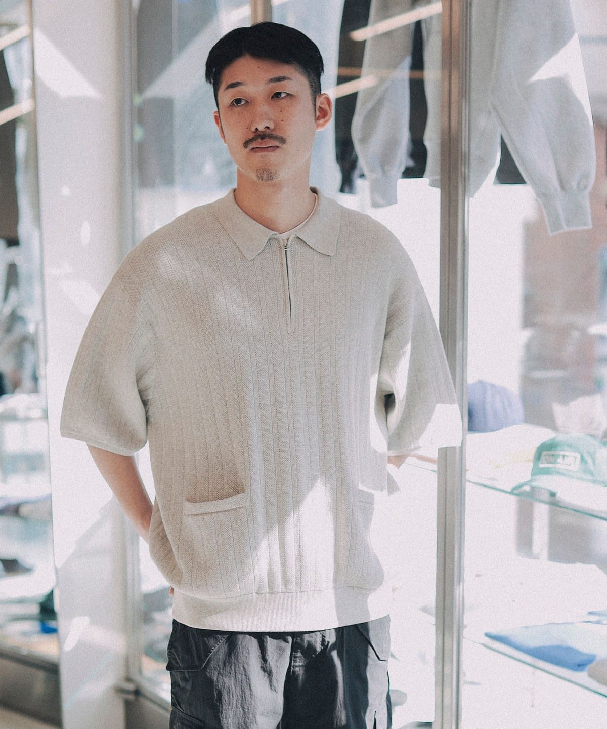 crepuscule / Rib Half Zip Polo シャツ・ブラウス MEN LT. GREY XL crepuscule / Rib Half Zip Polo シャツ・ブラウス MEN LT. GREY XL