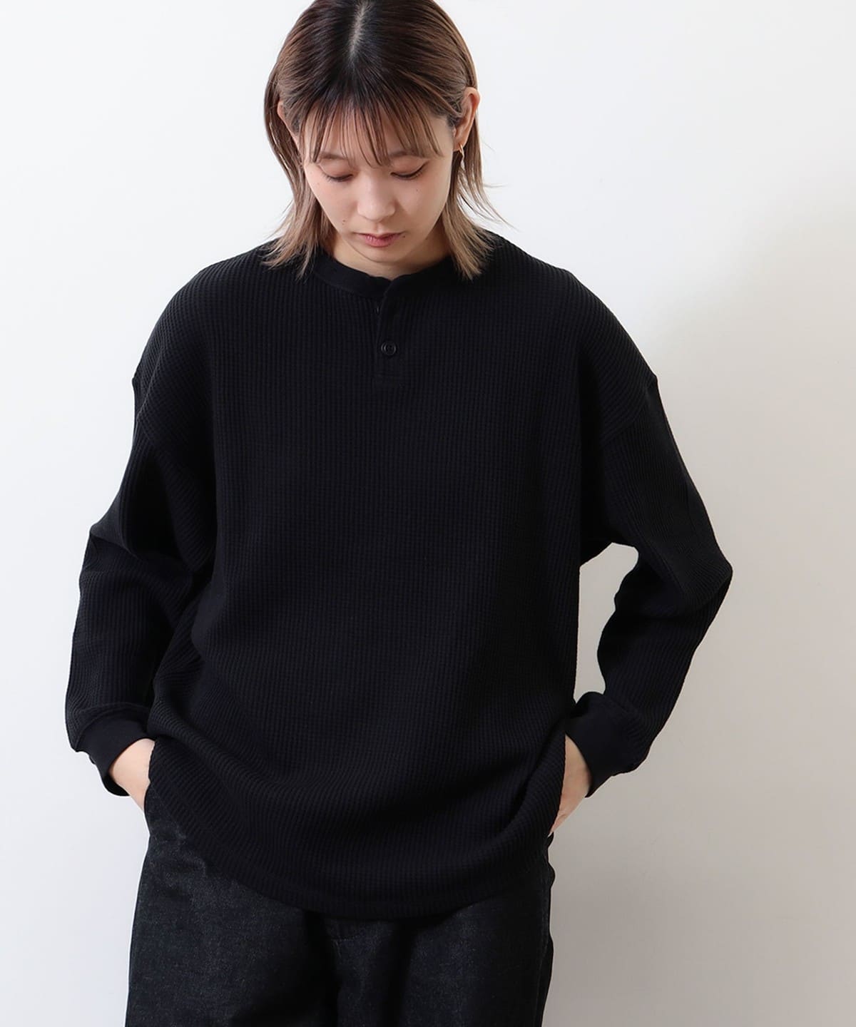 BEAMS T（ビームスT）ワッフル ヘンリーネック ロングスリーブ T