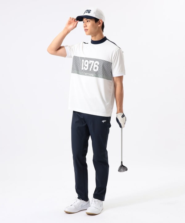 ORANGE LABEL / 1976 グラフィック モックネック シャツ（吸水速乾・UVカット）． Model : H:185 B:93 W:72 H:92  Size：L