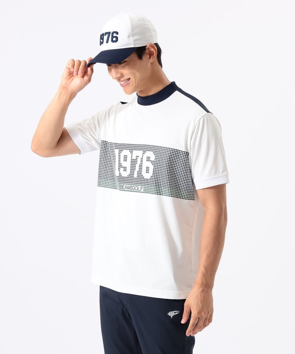 ORANGE LABEL / 1976 グラフィック モックネック シャツ（吸水速乾・UVカット）． Model : H:185 B:93 W:72 H:92  Size：L