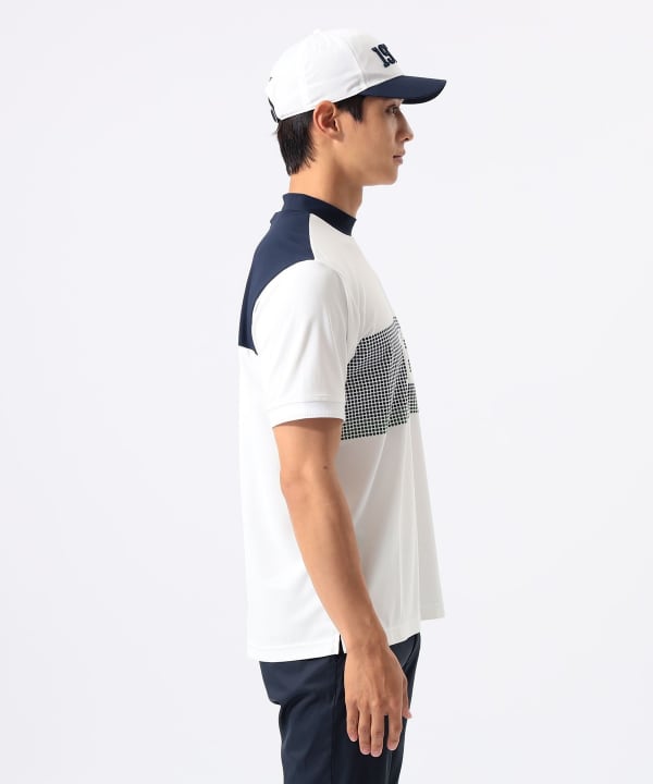 ORANGE LABEL / 1976 グラフィック モックネック シャツ（吸水速乾・UVカット）． Model : H:185 B:93 W:72 H:92  Size：L