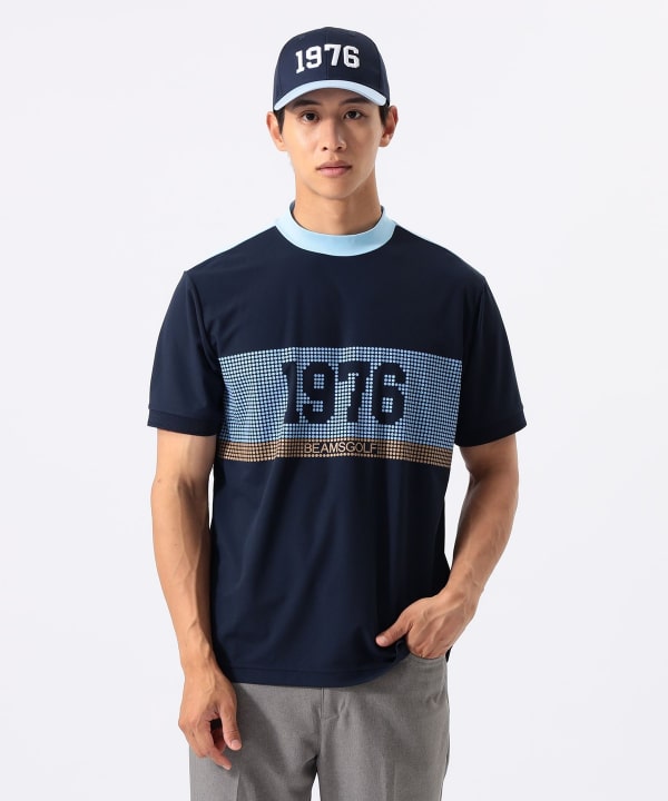 ORANGE LABEL / 1976 グラフィック モックネック シャツ（吸水速乾・UVカット）． Model : H:185 B:93 W:72 H:92  Size：L