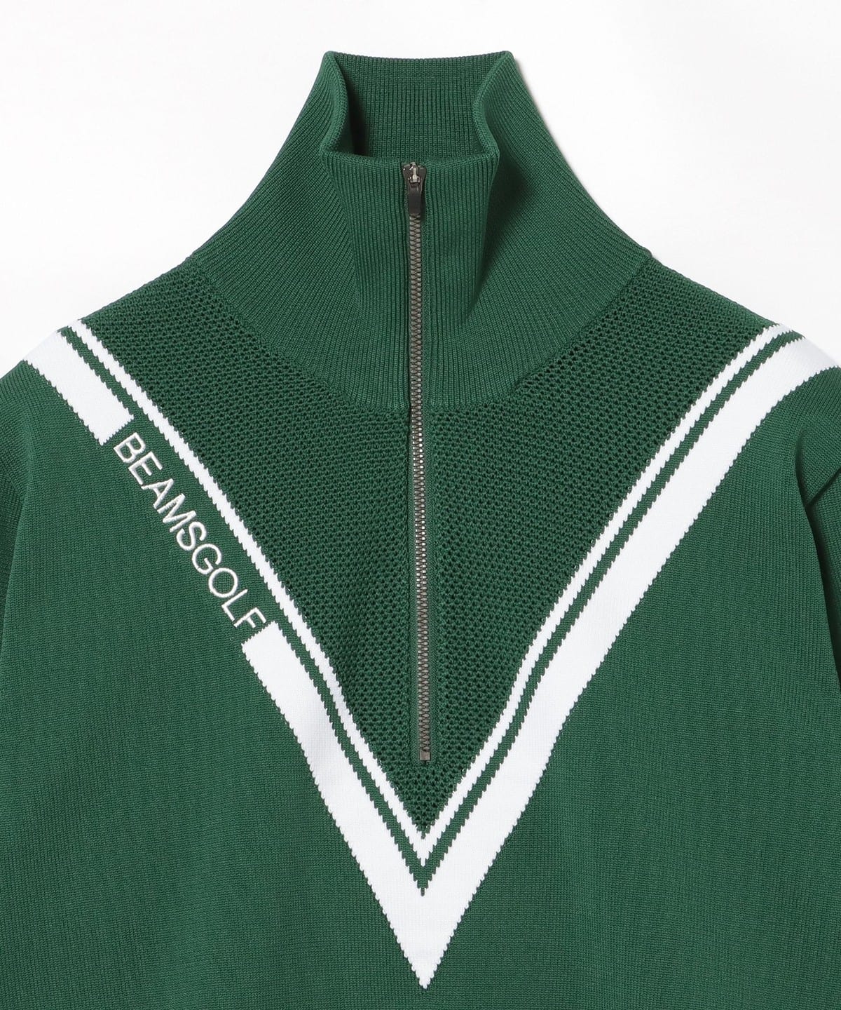 4247 美品 ビームスゴルフ　ハーフジップ ニットジャケット 裏地付き　緑 BEAMS GOLF（ビームス ゴルフ）ORANGE LABEL / ハーフジップ Vライン