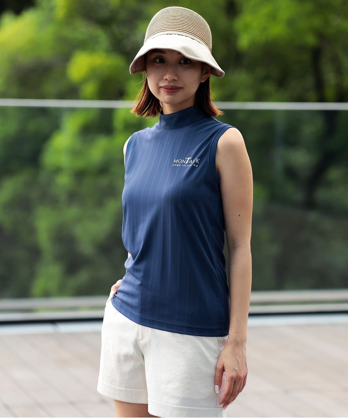 【ビームスゴルフ】極美品 モックネック ネイビー メッシュ M レディース BEAMS GOLF（ビームス ゴルフ）PURPLE LABEL / MONTAUK リボン モック