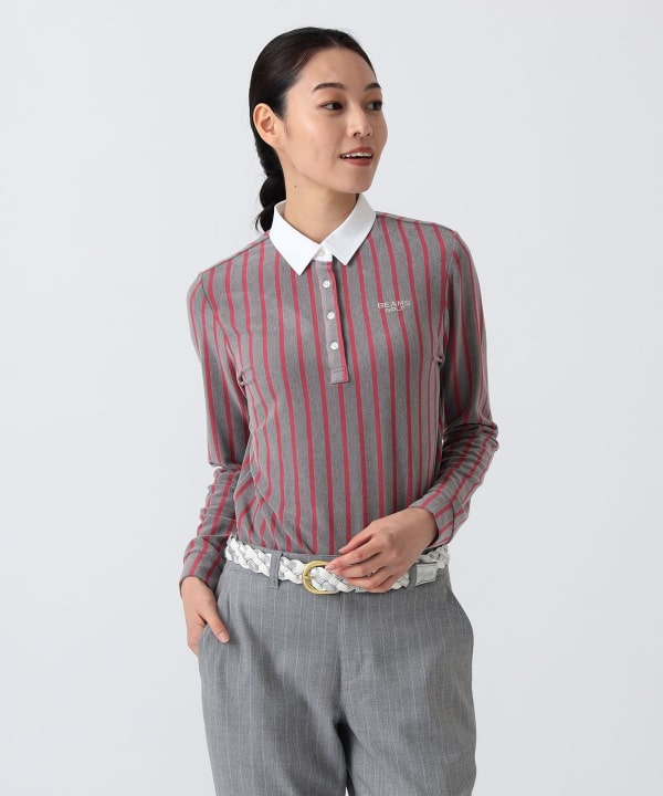 PURPLE LABEL / 起毛 ストライプ クレリック ポロシャツ Model：H172 B75 W58 H84　Size：M