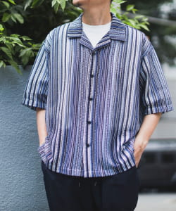 B:MING by BEAMS / 男裝 直條紋 網布 開領 短袖 襯衫