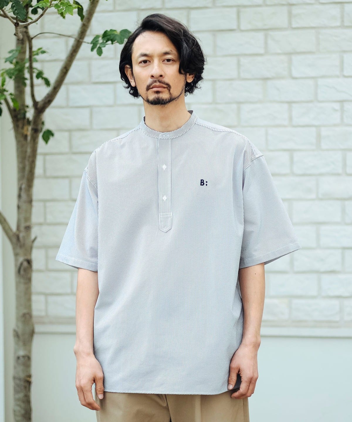 ストレッチ サッカー バンドカラー ハーフスリーブ シャツ シャツ・ブラウス MEN GREY ST S ストレッチ サッカー バンドカラー ハーフスリーブ シャツ シャツ・ブラウス MEN GREY ST S