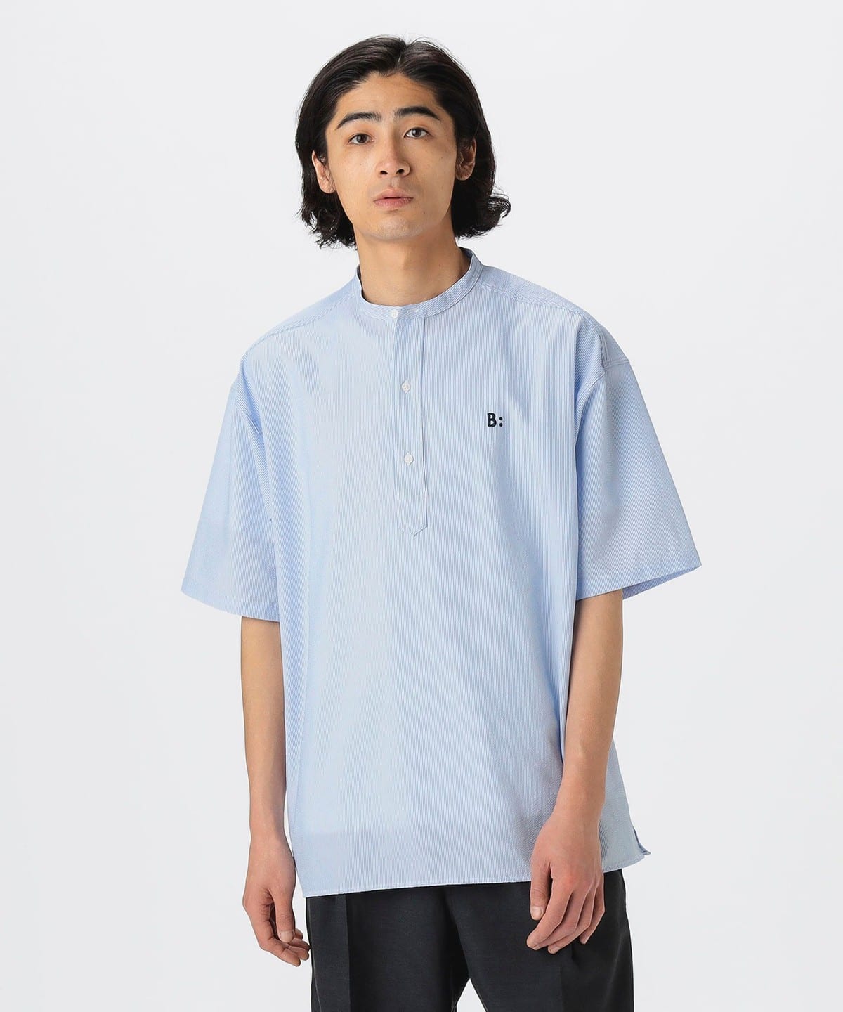 ストレッチ サッカー バンドカラー ハーフスリーブ シャツ シャツ・ブラウス MEN BLUE ST L ストレッチ サッカー バンドカラー ハーフスリーブ シャツ シャツ・ブラウス MEN BLUE ST L