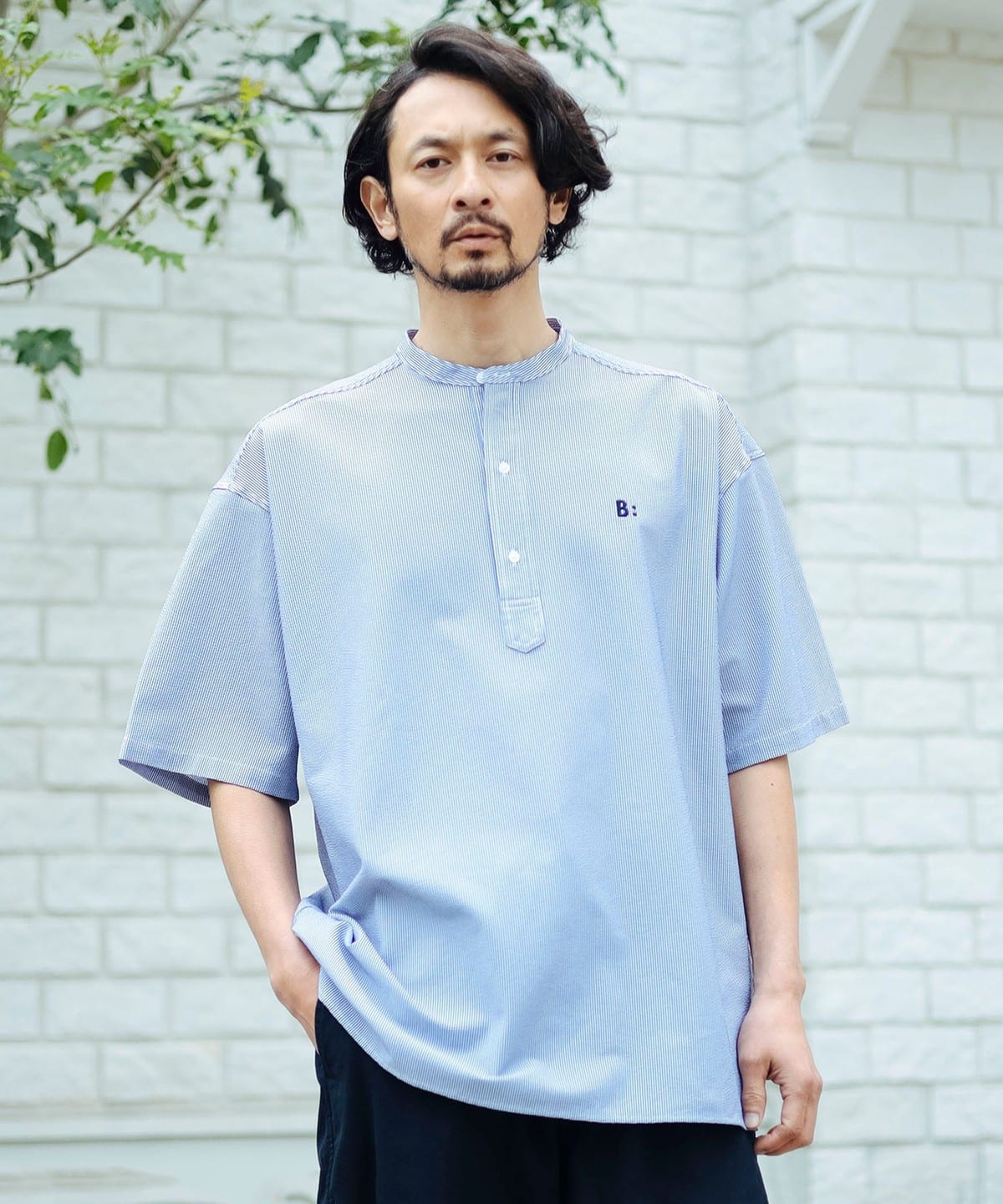 ストレッチ サッカー バンドカラー ハーフスリーブ シャツ シャツ・ブラウス MEN NAVY ST M ストレッチ サッカー バンドカラー ハーフスリーブ シャツ シャツ・ブラウス MEN NAVY ST M