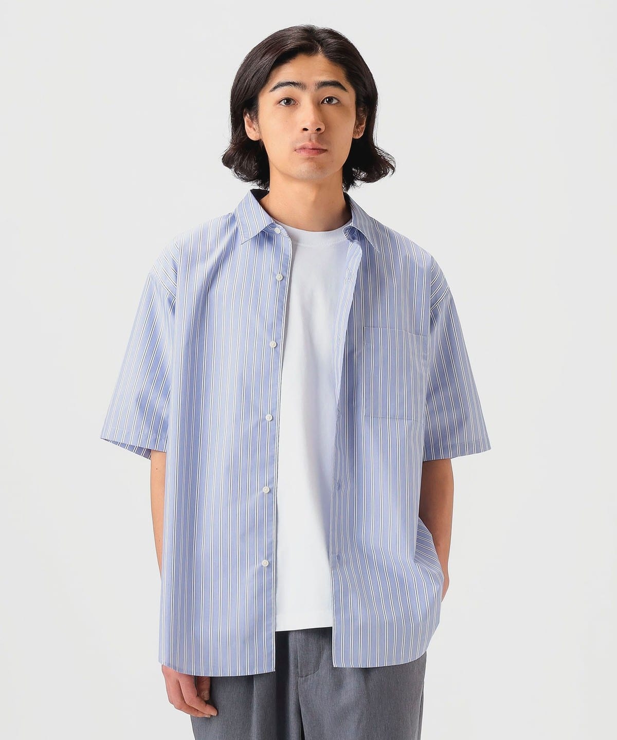 防シワ ポリエステル ブロード ハーフスリーブ シャツ シャツ・ブラウス MEN BLUE STRIPE XL 防シワ ポリエステル ブロード ハーフスリーブ シャツ シャツ・ブラウス MEN BLUE STRIPE XL