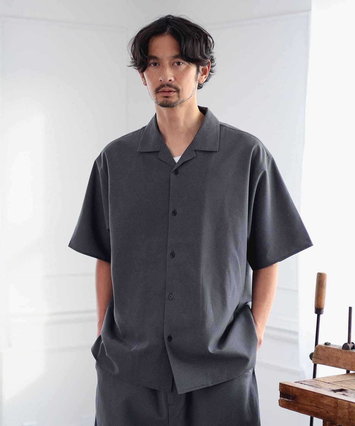 ストレッチ 吸水速乾 ポリエステル オープンカラー ハーフスリーブ シャツ シャツ・ブラウス MEN GREY XL ストレッチ 吸水速乾 ポリエステル オープンカラー ハーフスリーブ シャツ シャツ・ブラウス MEN GREY XL