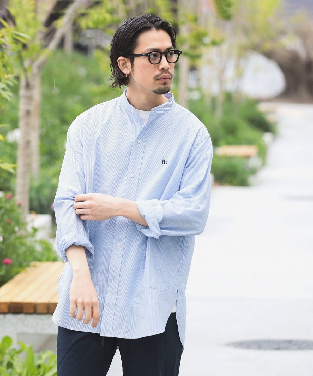 サッカー バンドカラー ワンポイント シャツ シャツ・ブラウス MEN BLUE S サッカー バンドカラー ワンポイント シャツ シャツ・ブラウス MEN BLUE S