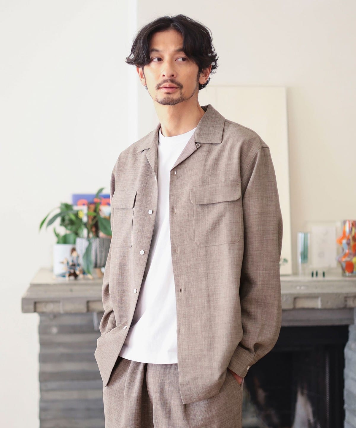【セットアップ対応】吸水速乾 リネンライク オープンカラー シャツ シャツ・ブラウス MEN TAUPE S 【セットアップ対応】吸水速乾 リネンライク オープンカラー シャツ シャツ・ブラウス MEN TAUPE S