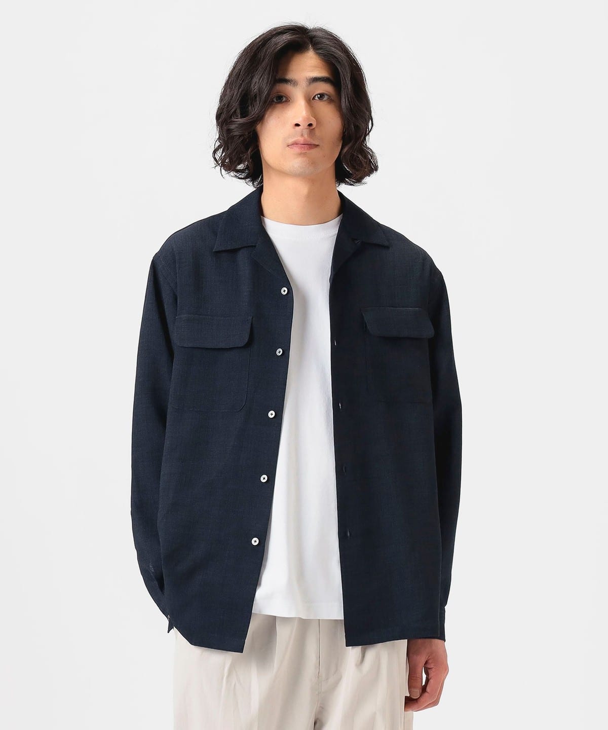 【セットアップ対応】吸水速乾 リネンライク オープンカラー シャツ シャツ・ブラウス MEN NAVY M 【セットアップ対応】吸水速乾 リネンライク オープンカラー シャツ シャツ・ブラウス MEN NAVY M