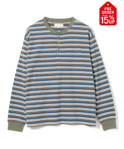 【+15%ポイントUP】ワッフル ボーダー ヘンリーネック ロングスリーブ カットソー
