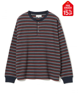【+15%ポイントUP】ワッフル ボーダー ヘンリーネック ロングスリーブ カットソー