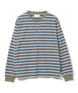 【+15%ポイントUP】ワッフル ボーダー ヘンリーネック ロングスリーブ カットソー