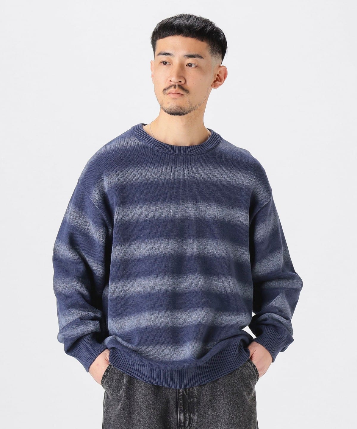 【4/24再値下げ】7ゲージ プリントボーダー クルーネック ニット トップス MEN NAVY L 【4/24再値下げ】7ゲージ プリントボーダー クルーネック ニット トップス MEN NAVY L