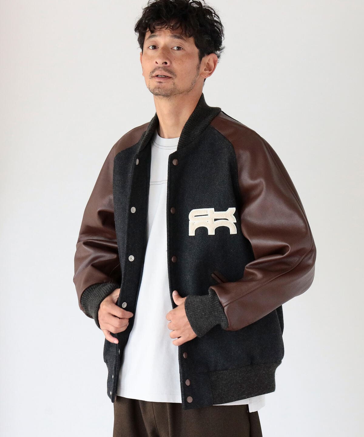 Beams ビームス 袖革スタジャン 牛革 レザージャケット ブラウン M