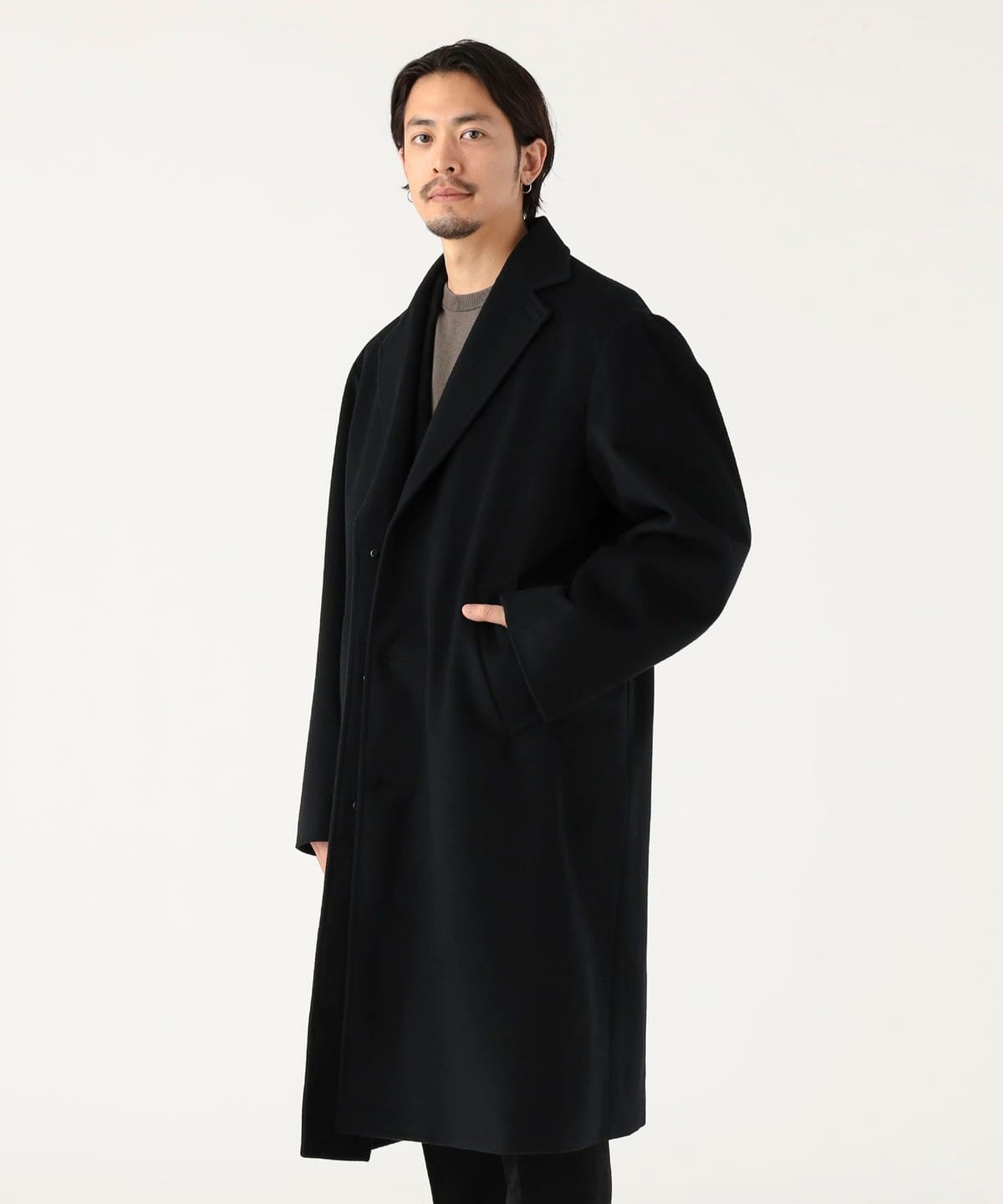 最高級XLサイズ相当 コムサデモード　ラムレザーチェスターコート　マキシ丈　黒 Limue トレンチコート コート チュールレイヤードチェスターコート