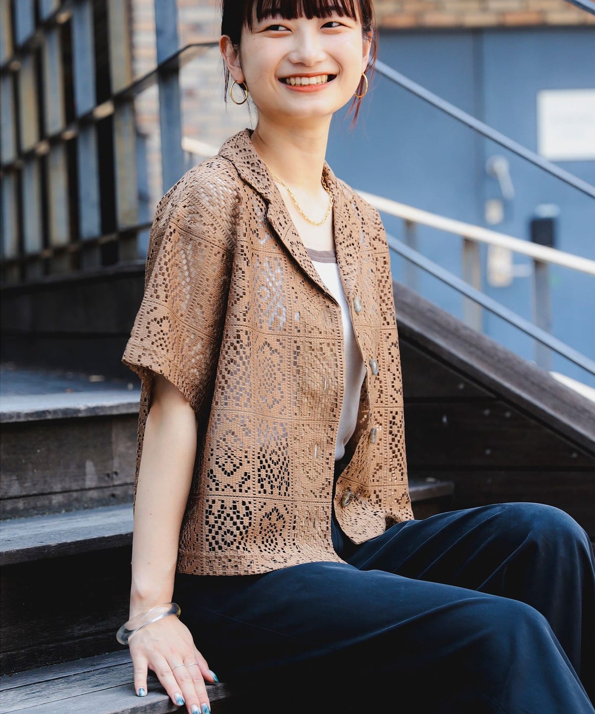 レース 開襟 シャツ シャツ・ブラウス WOMEN BROWN S レース 開襟 シャツ シャツ・ブラウス WOMEN BROWN S