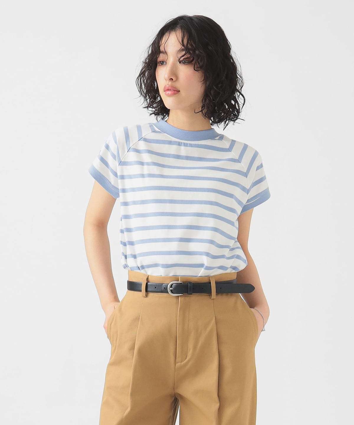 フレンチ モックネック プルオーバー Tシャツ・カットソー WOMEN OFF WHITE*SAX ONE SIZE フレンチ モックネック プルオーバー Tシャツ・カットソー WOMEN OFF WHITE*SAX ONE SIZE