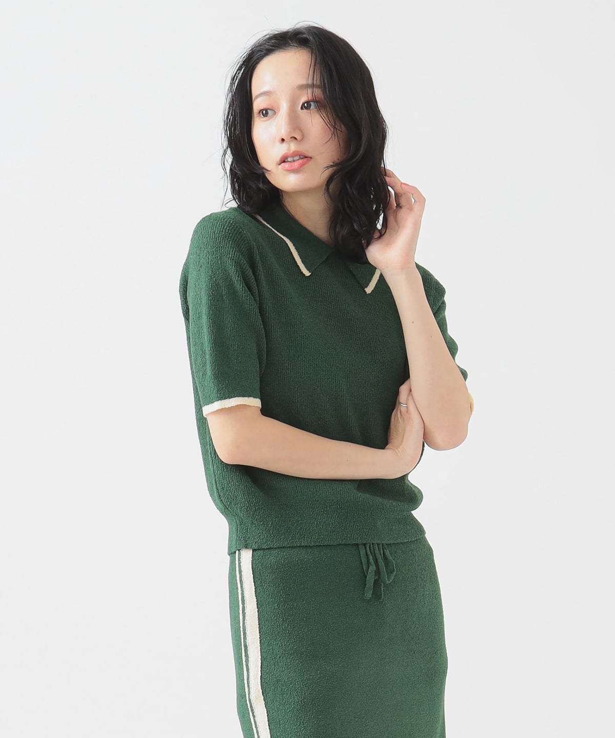ブークレ ニット ポロシャツ トップス WOMEN GREEN ONE SIZE ブークレ ニット ポロシャツ トップス WOMEN GREEN ONE SIZE