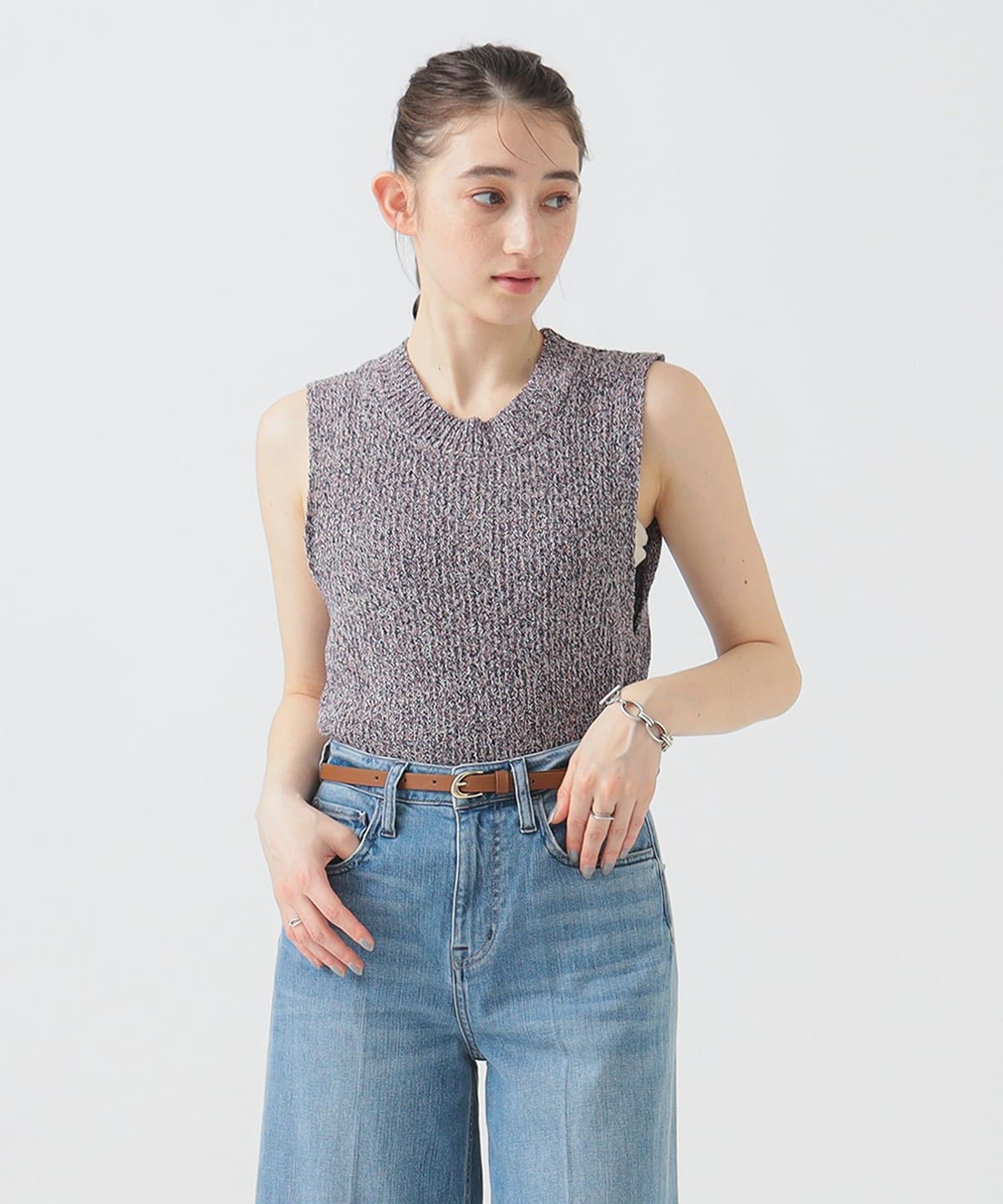 ノースリーブ ミックス ニット トップス WOMEN PINK BEIGE ONE SIZE ノースリーブ ミックス ニット トップス WOMEN PINK BEIGE ONE SIZE
