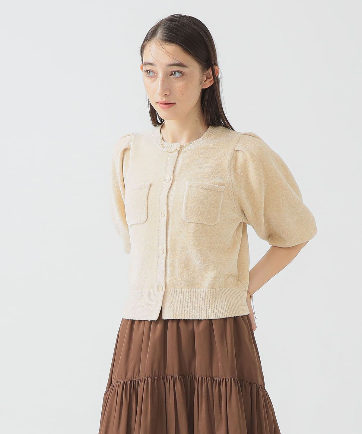 ハーフスリーブ ベロア ニット カーディガン トップス WOMEN IVORY ONE SIZE ハーフスリーブ ベロア ニット カーディガン トップス WOMEN IVORY ONE SIZE