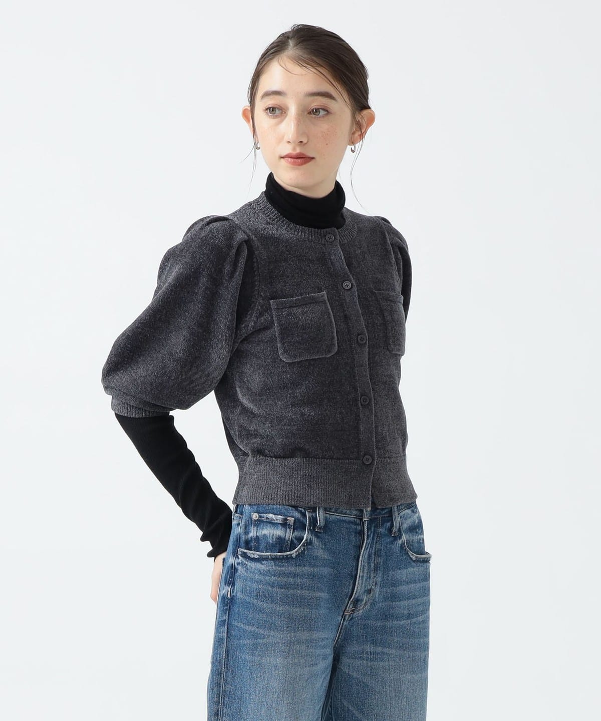 ハーフスリーブ ベロア ニット カーディガン トップス WOMEN CHARCORL. GREY ONE SIZE ハーフスリーブ ベロア ニット カーディガン トップス WOMEN CHARCORL. GREY ONE SIZE