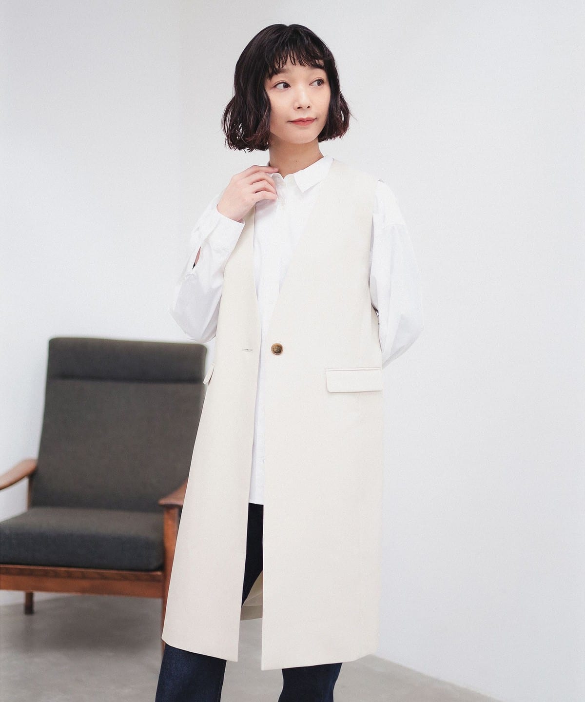 ノーカラー ロング ジレ(S M)【入園式・卒園式】 トップス WOMEN BEIGE?A M ノーカラー ロング ジレ(S M)【入園式・卒園式】 トップス WOMEN BEIGE?A M