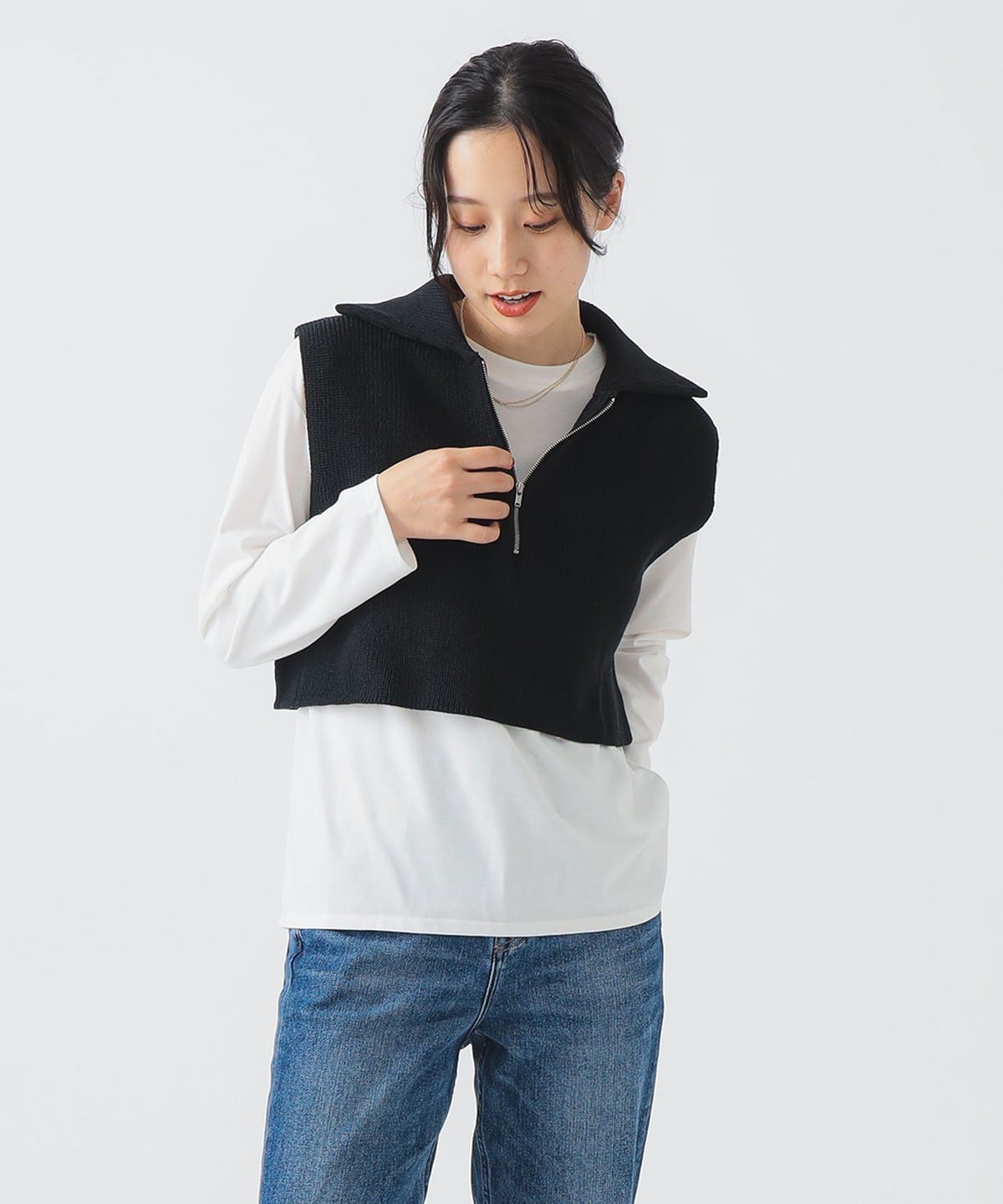 ベスト × ロング Tシャツ セット トップス WOMEN BLACK*WHITE ONE SIZE ベスト × ロング Tシャツ セット トップス WOMEN BLACK*WHITE ONE SIZE