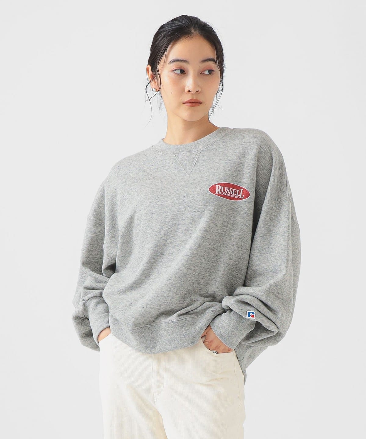 【別注】RUSSELL ATHLETIC ラッセルアスレチック / プリント クルーネック スウェット トップス WOMEN GRAY ONE SIZE 【別注】RUSSELL ATHLETIC ラッセルアスレチック / プリント クルーネック スウェット トップス WOMEN GRAY ONE SIZE