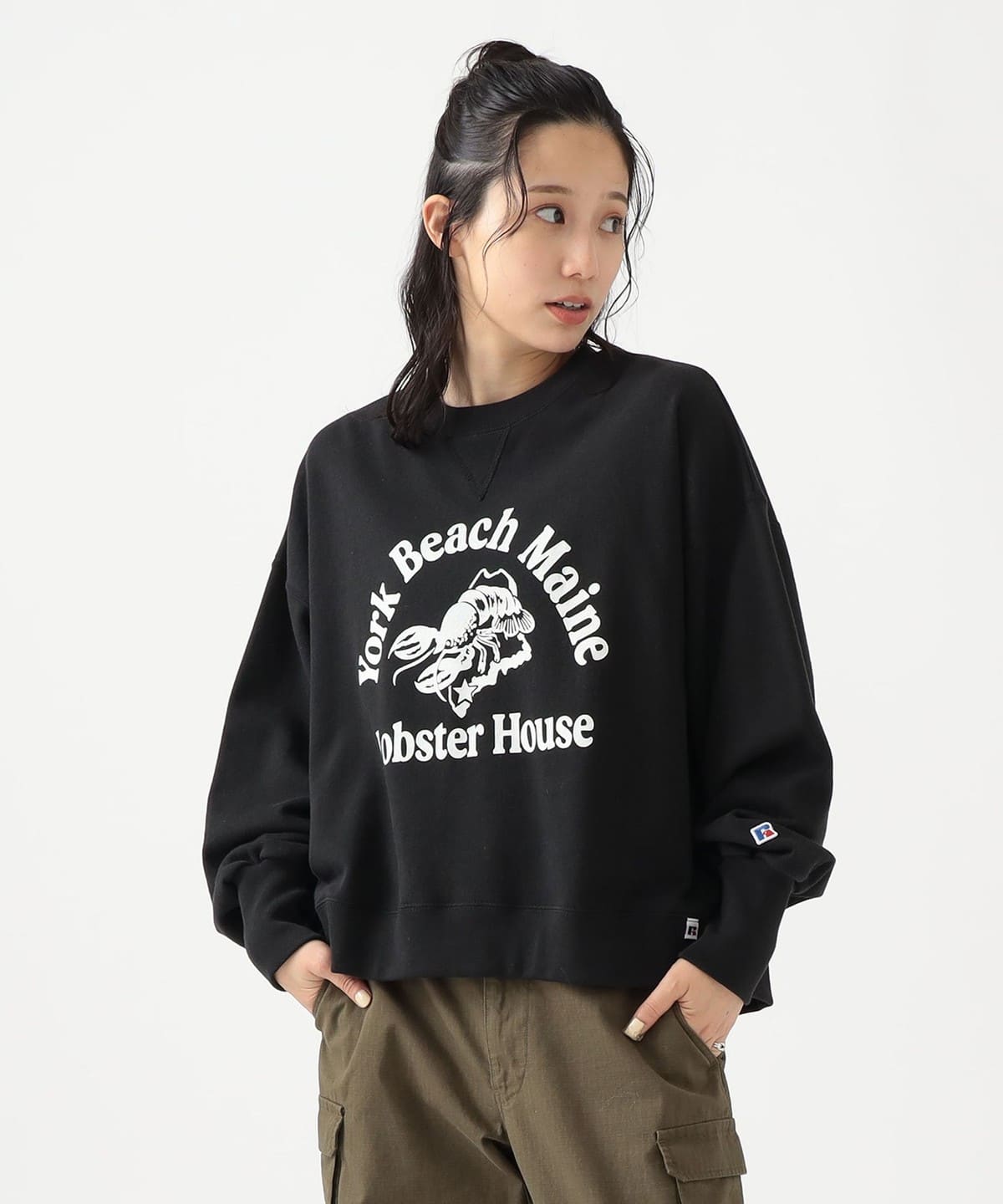 【別注】RUSSELL ATHLETIC ラッセルアスレチック / プリント クルーネック スウェット トップス WOMEN BLACK ONE SIZE 【別注】RUSSELL ATHLETIC ラッセルアスレチック / プリント クルーネック スウェット トップス WOMEN BLACK ONE SIZE