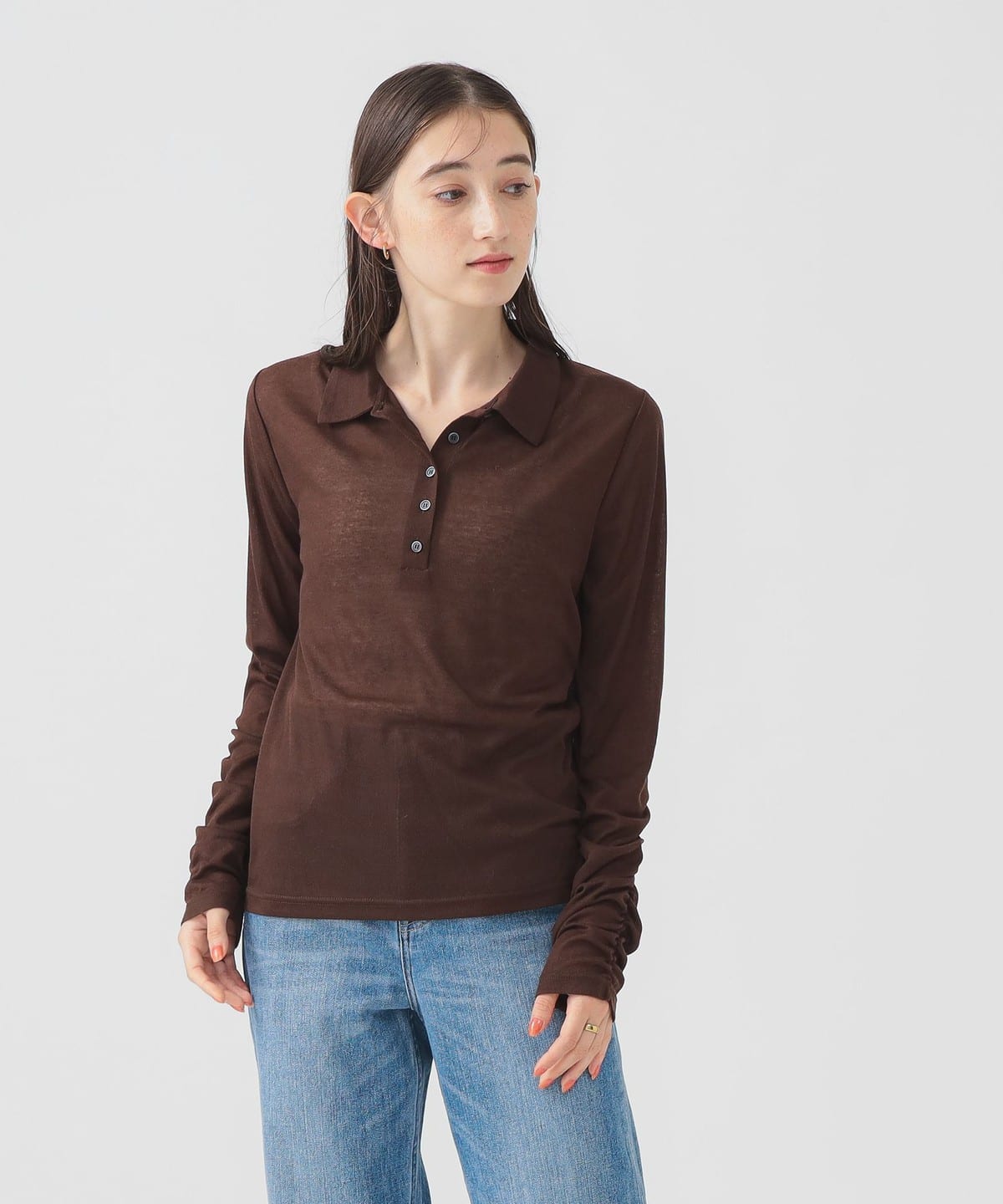 シアー ポロ ロングスリーブ Tシャツ Tシャツ・カットソー WOMEN DARK BROWN ONE SIZE シアー ポロ ロングスリーブ Tシャツ Tシャツ・カットソー WOMEN DARK BROWN ONE SIZE