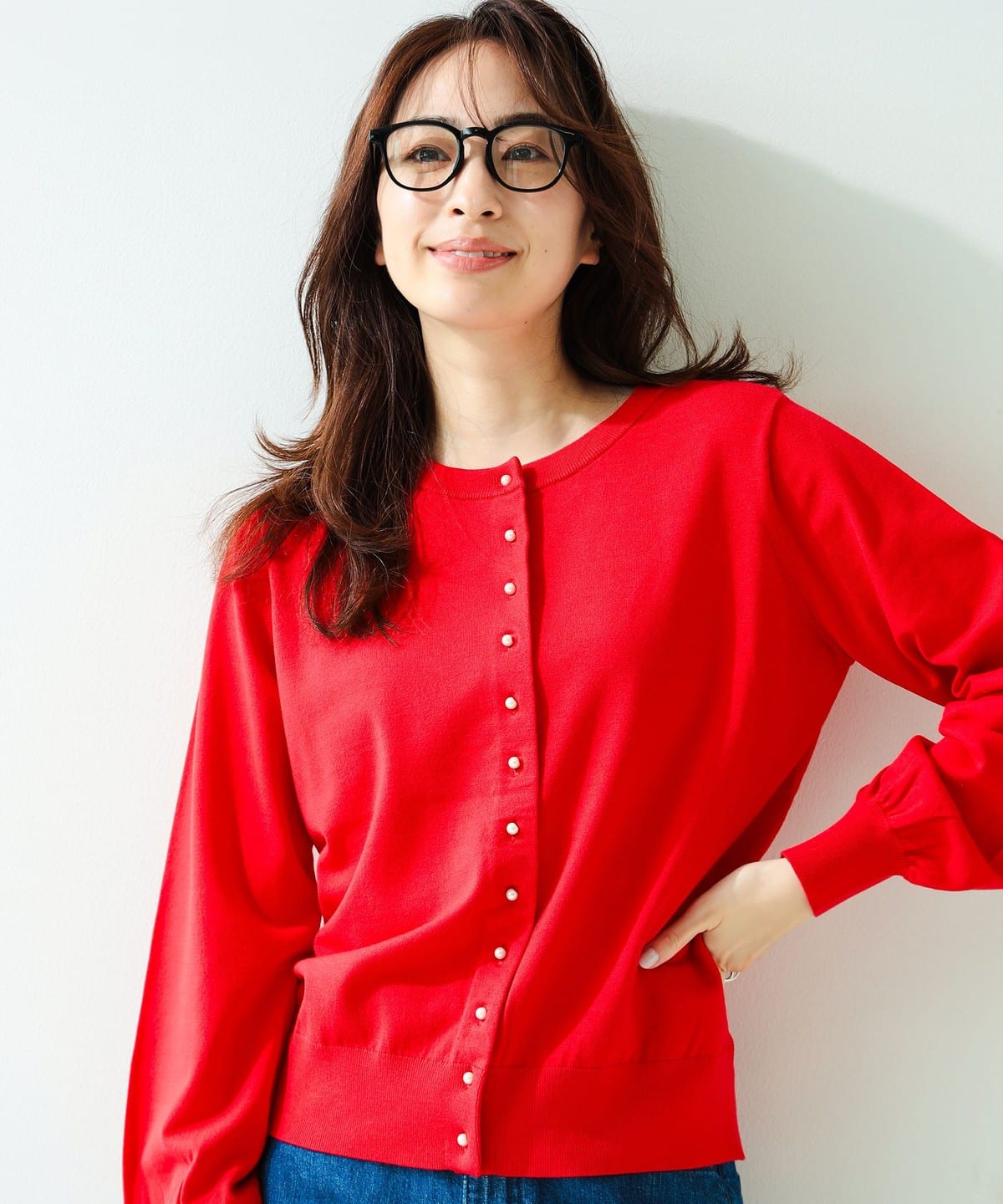 美品】24AW ボーダーズアットバルコニー パールニットカーディガン 38 赤