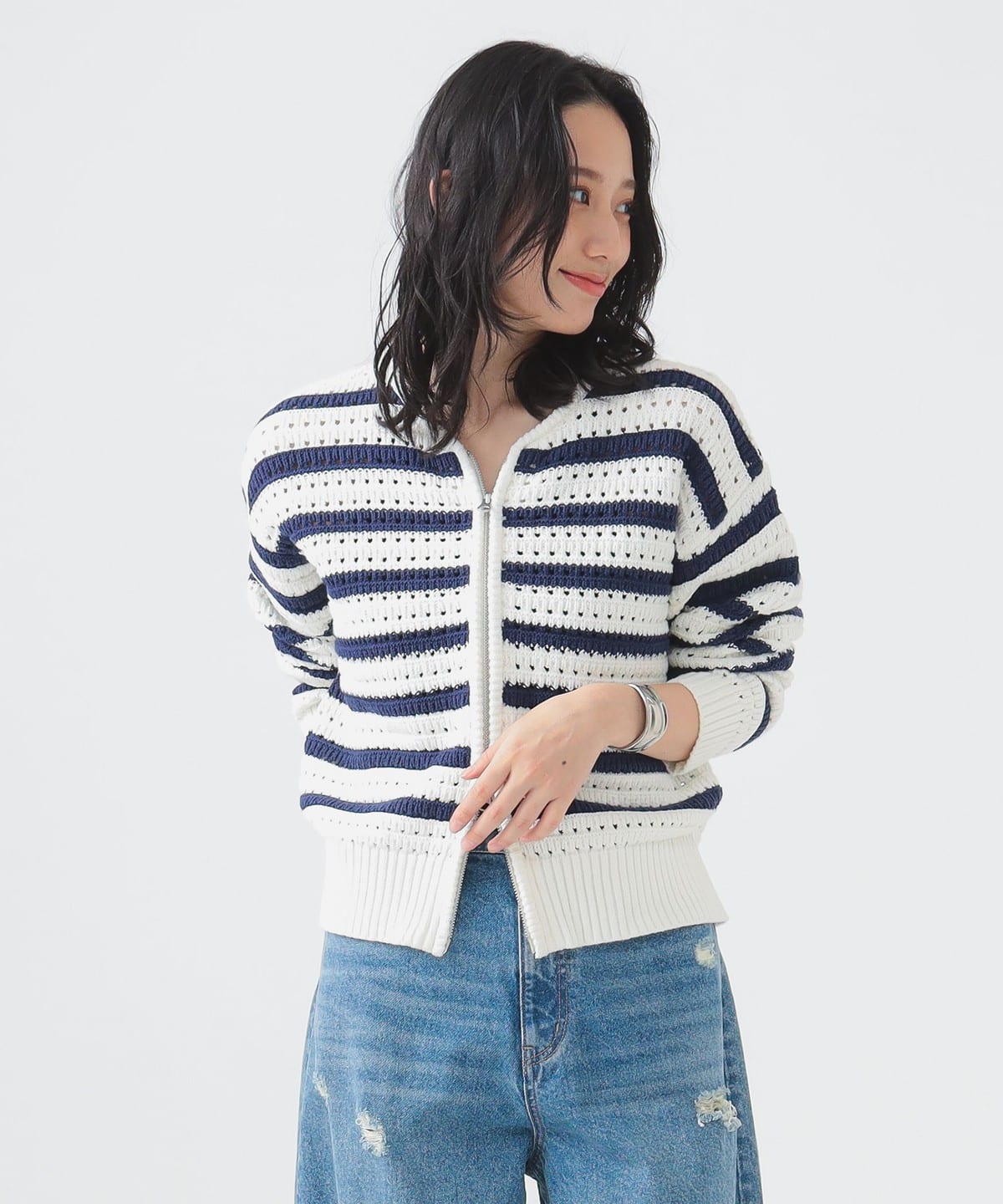 【4/24再値下げ】ボーダー ニット ブルゾン トップス WOMEN OFF WHITE×NAVY ONE SIZE 【4/24再値下げ】ボーダー ニット ブルゾン トップス WOMEN OFF WHITE×NAVY ONE SIZE