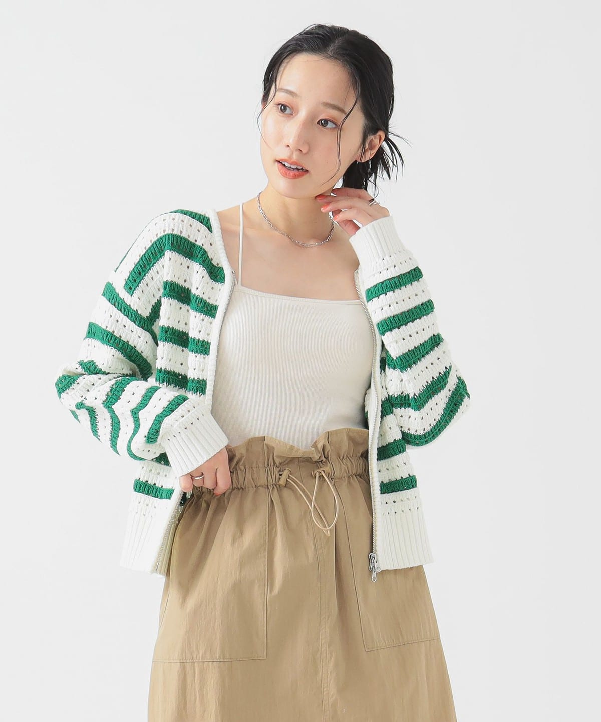 【4/24再値下げ】ボーダー ニット ブルゾン トップス WOMEN OFF WHITE×GREEN ONE SIZE 【4/24再値下げ】ボーダー ニット ブルゾン トップス WOMEN OFF WHITE×GREEN ONE SIZE