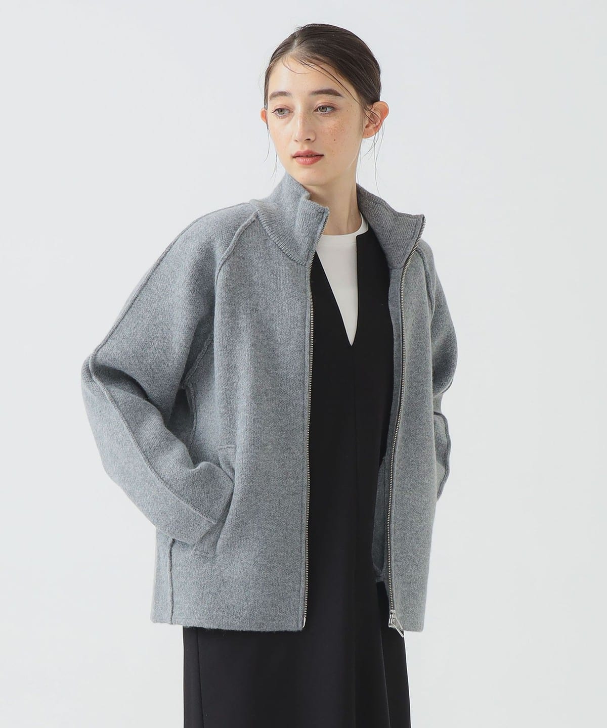 スタンドカラー ニット ジップ ブルゾン トップス WOMEN GREY ONE SIZE スタンドカラー ニット ジップ ブルゾン トップス WOMEN GREY ONE SIZE