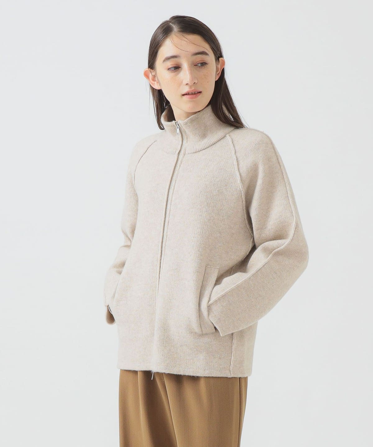スタンドカラー ニット ジップ ブルゾン トップス WOMEN LIGHT BEIGE ONE SIZE スタンドカラー ニット ジップ ブルゾン トップス WOMEN LIGHT BEIGE ONE SIZE