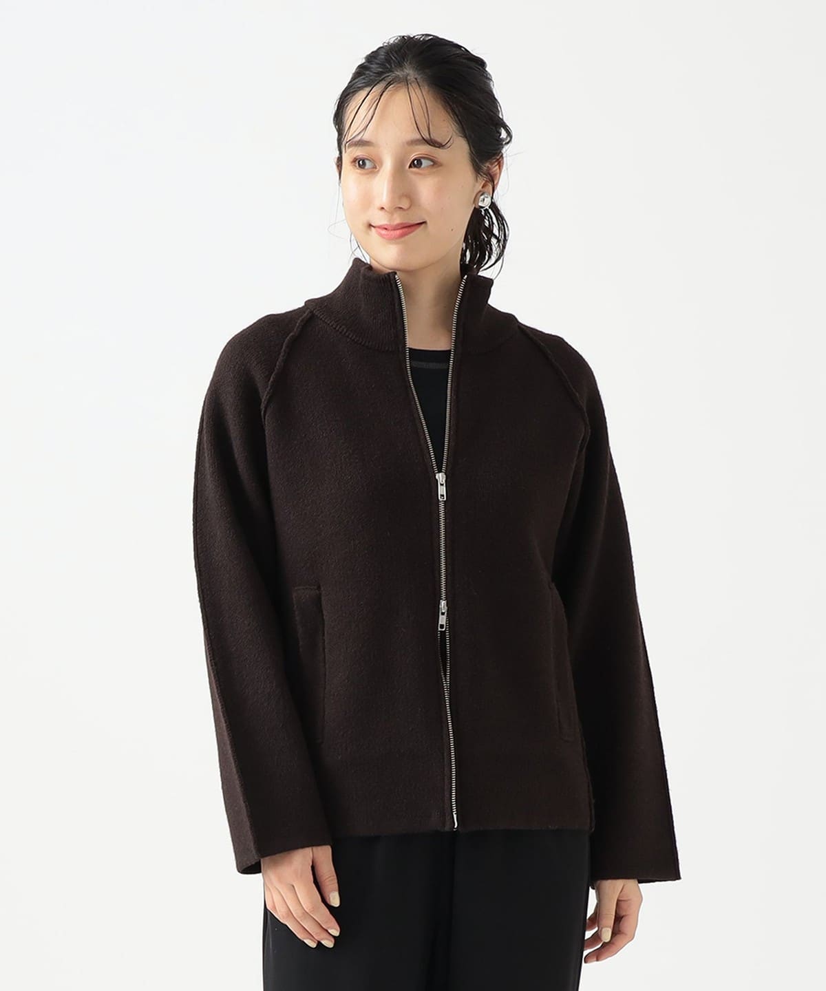 スタンドカラー ニット ジップ ブルゾン トップス WOMEN DARK BROWN ONE SIZE スタンドカラー ニット ジップ ブルゾン トップス WOMEN DARK BROWN ONE SIZE