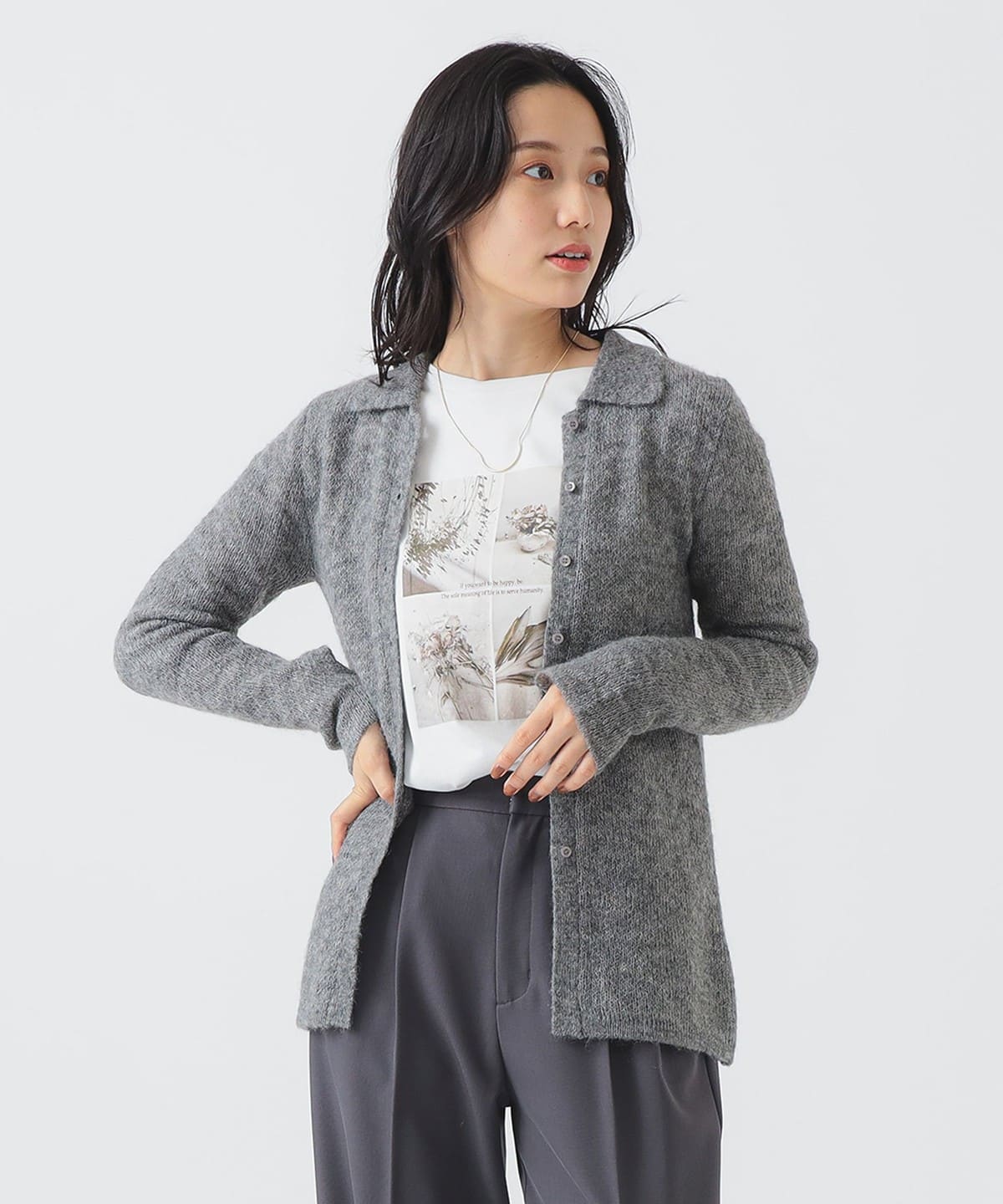 モヘヤ混 ポロ ニット トップス WOMEN GREY ONE SIZE モヘヤ混 ポロ ニット トップス WOMEN GREY ONE SIZE