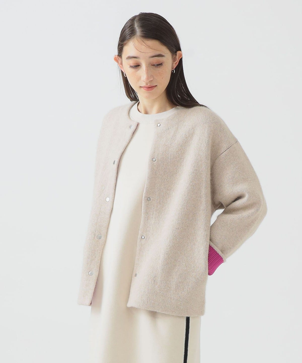 裏配色 ニット カーディガン トップス WOMEN BEIGE ONE SIZE 裏配色 ニット カーディガン トップス WOMEN BEIGE ONE SIZE