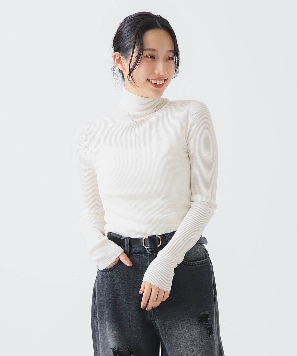 ウール混 リブニット タートルネック トップス WOMEN OFF WHITE ONE SIZE