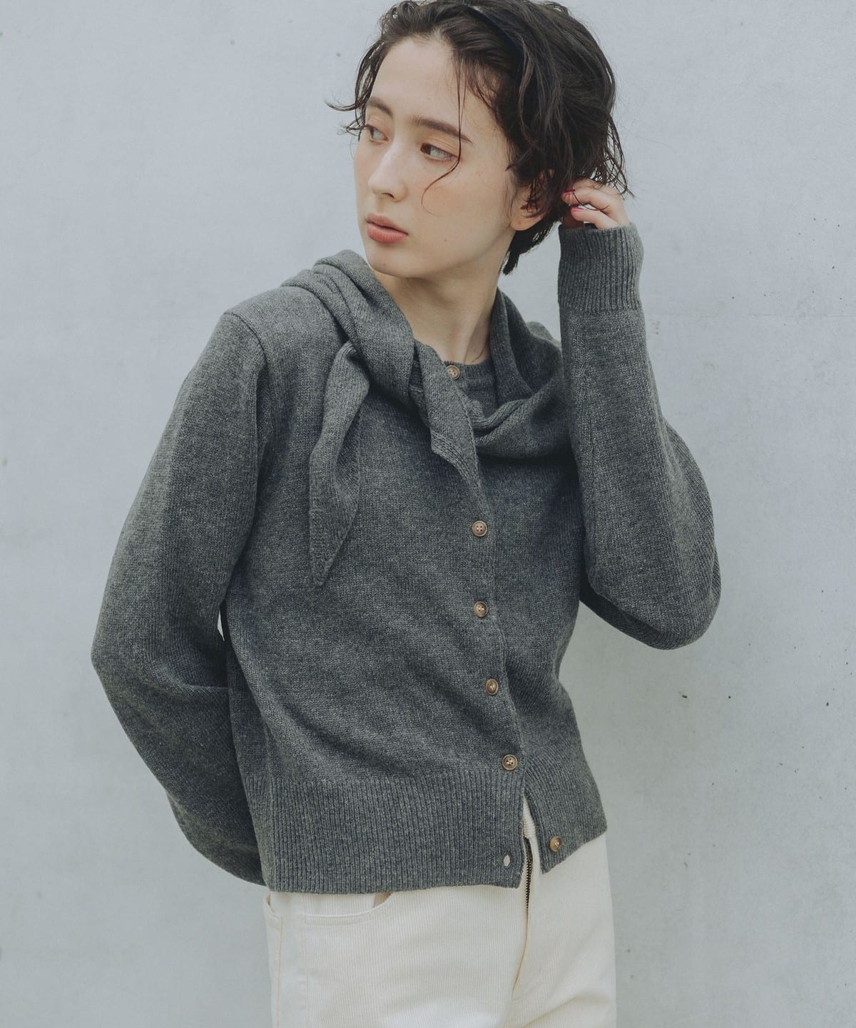 ストール × ニット カーディガン(セットアイテム) トップス WOMEN GREY ONE SIZE ストール × ニット カーディガン(セットアイテム) トップス WOMEN GREY ONE SIZE