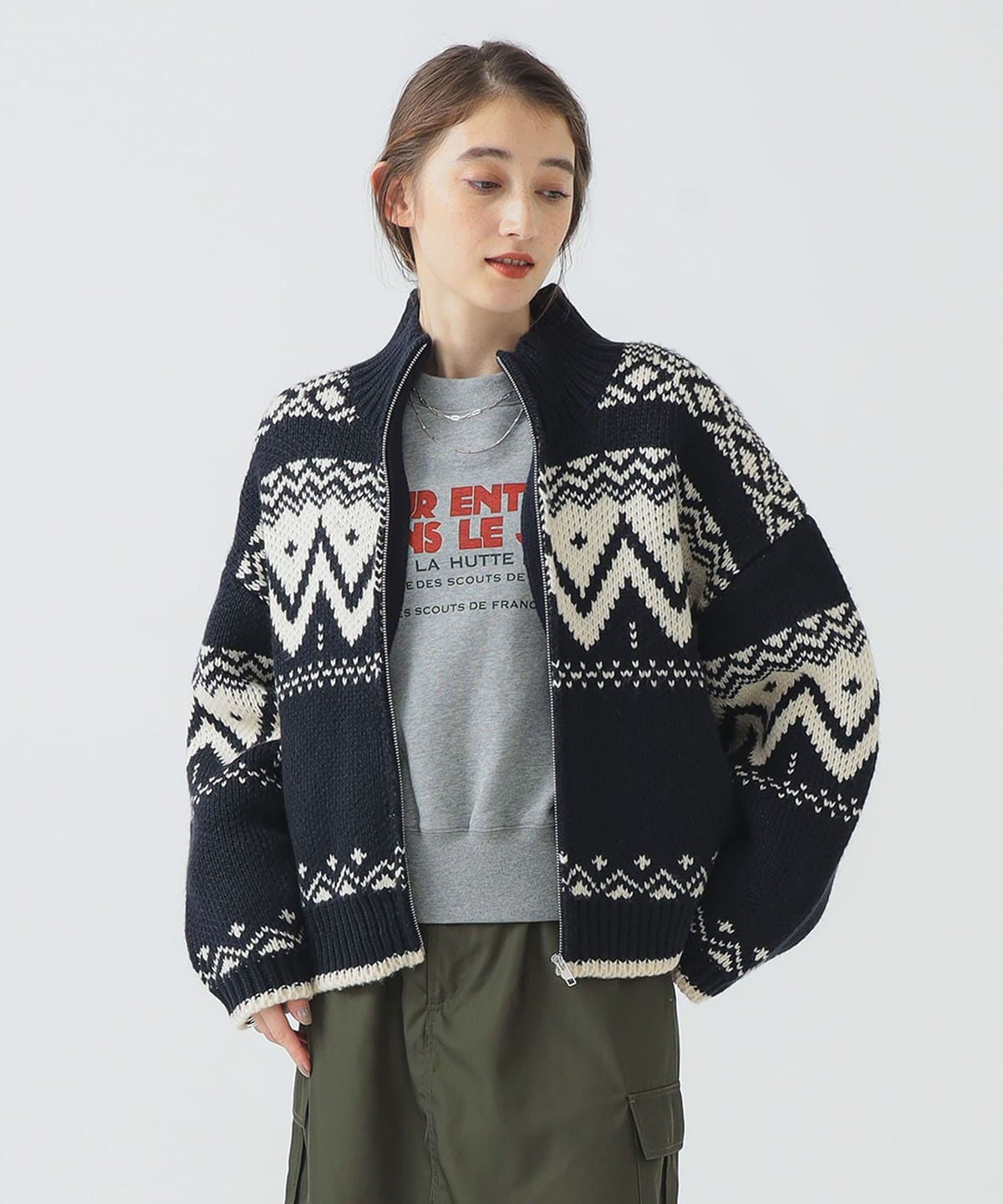 柄 ニット ブルゾン トップス WOMEN NAVY ONE SIZE 柄 ニット ブルゾン トップス WOMEN NAVY ONE SIZE
