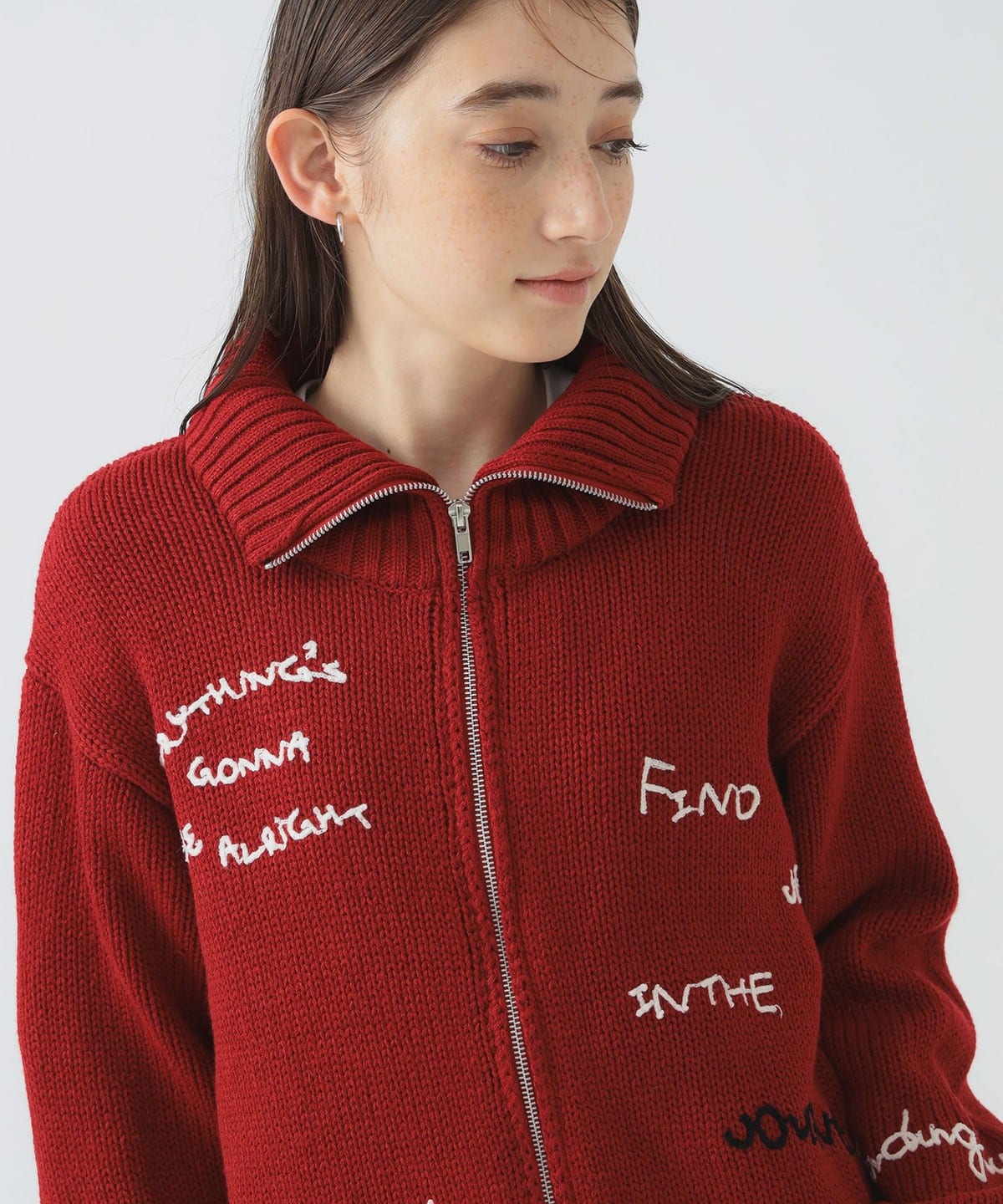 手書き刺繍 ニット トップス WOMEN RED ONE SIZE 手書き刺繍 ニット トップス WOMEN RED ONE SIZE