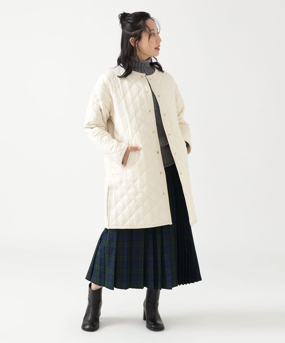 キルティング ノーカラー ロング コート コート WOMEN IVORY S